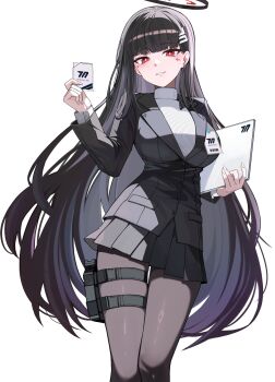 1girl absurdres black_hair black_jacket black_pantyhose black_skirt blue_archive blunt_bangs breasts commentary hair_ornament hairclip halo highres holding holding_id_card holster id_card jacket kkato large_breasts long_hair long_sleeves looking_at_viewer millennium_science_school_logo miniskirt pantyhose pleated_skirt red_eyes rio_(blue_archive) skirt smile solo sweater thigh_holster very_long_hair white_sweater