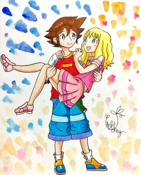 1boy 1girl absurdres blonde_hair blue_eyes brown_hair carrying carrying_person christopher_thorndyke helen_(sonic_x) highres medium_hair open_mouth pink_skirt pink_vest princess_carry red_shirt shirt skirt smile sonic_(series) sonic_x vest yumikchey