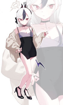 Rule 34 | 1girl, absurdres, black choker, black dress, black hair, black horns, black nails, black shoes, blue archive, breasts, bright pupils, cardigan, choker, cleavage, closed mouth, clothes pull, collarbone, commentary request, contrapposto, demon girl, demon horns, demon wings, double-parted bangs, dress, earrings, full body, grey hair, grey halo, grey sweater, hair between eyes, half updo, halo, hand up, high heels, highres, horns, jewelry, kayoko (blue archive), kayoko (dress) (blue archive), kisaka, long hair, long sleeves, looking ahead, looking at viewer, low wings, mole, mole on neck, multicolored hair, no socks, official alternate costume, official alternate hairstyle, open cardigan, open clothes, outline, purple wings, red eyes, shoes, short dress, side slit, single wing, sleeveless, sleeveless dress, sleeves past wrists, slit pupils, small breasts, solo, spaghetti strap, standing, sweater, two-tone hair, white outline, white pupils, wings, zoom layer