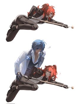 2boys ? ass black_pants closed_eyes closed_mouth cropped_legs dark-skinned_male dark_skin diluc_(genshin_impact) eyepatch genshin_impact hair_between_eyes hand_on_another&#039;s_ass highres holding_cue_stick inseki kaeya_(genshin_impact) long_hair long_sleeves male_focus multiple_boys musical_note pants ponytail red_eyes red_hair simple_background spoken_musical_note white_background yaoi zehuij