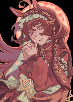 1girl ahoge animal_ears blunt_bangs blunt_ends blunt_sidelocks blush dress frilled_hairband frills hair_between_eyes hairband highres horse_ears horse_girl layered_hair long_hair long_sleeves looking_at_viewer own_hands_clasped own_hands_together red_desire_(umamusume) red_dress red_hair red_hairband red_headdress red_veil rqnnsw sidelocks simple_background smile solo star_ornament umamusume veil yellow_eyes