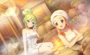2girls :d akiru_kamira blurry blush breasts brown_eyes brown_hair cleavage collarbone commentary_request game_cg girls_und_panzer green_hair grin highres long_hair looking_at_viewer medium_breasts multiple_girls naked_towel official_art open_mouth orange_eyes rock sidelocks sitting smile steam takebe_saori third-party_source towel towel_on_head world_dai_star