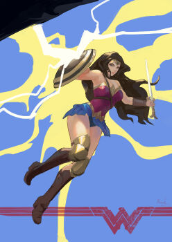 1girl absurdres bare_shoulders beask blue_background blue_skirt boots brown_hair closed_mouth commentary dated dc_comics full_body highres holding holding_shield holding_sword holding_weapon long_hair shield signature skirt solo superhero_costume sword weapon wonder_woman wonder_woman_(series)