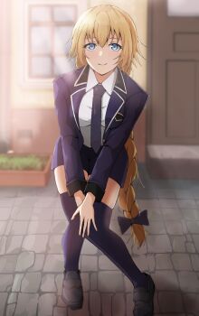 1girl black_shoes blue_eyes blush bow braid closed_mouth collared_shirt commentary_request fate/apocrypha fate_(series) hair_between_eyes hair_bow highres jacket jeanne_d&#039;arc_(fate) jeanne_d&#039;arc_(girl_from_orleans)_(fate) long_hair long_sleeves looking_at_viewer necktie official_alternate_costume open_clothes open_jacket outdoors purple_bow purple_jacket purple_necktie purple_thighhighs shirt shoes smile solo sunlight thighhighs vankin very_long_hair white_shirt