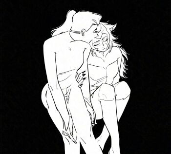 Rule 34 | 2girls, adora (she-ra), animal ears, cat ears, cat girl, catra, claws, gaugau7696, greyscale, highres, holding another's arm, kiss, kissing forehead, long hair, mask, monochrome, multiple girls, ponytail, she-ra and the princesses of power, shirt, sitting, yuri