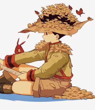 1boy black_hair boots brown_theme bug butterfly child derivative_work expressionless fishing fishing_rod from_side full_body gon_freecss highres holding holding_fishing_rod hunter_x_hunter insect leaf_hat long_sleeves looking_ahead male_focus qn_ui3 rabbit shirt sitting solo