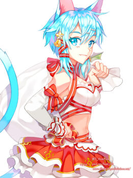 1girl alternate_costume animal_ears artist_name bare_shoulders bell blue_eyes blue_hair breasts cat_ears cat_girl cat_tail christmas colored_eyebrows colored_eyelashes commentary_request cowboy_shot detached_sleeves eyelashes from_side hair_bell hair_between_eyes hair_ornament hairclip ham_00 hand_on_own_hip hand_up holding holding_sack layered_skirt long_sleeves medium_breasts medium_hair messy_hair midriff miniskirt navel nose parted_lips pixiv_username red_ribbon red_skirt ribbon sack simple_background sinon sinon_(sao-alo) skirt smile solo star_(symbol) star_hair_ornament strapless sword_art_online tail tube_top twitter_username two-tone_skirt watermark web_address white_background white_skirt white_sleeves white_tube_top