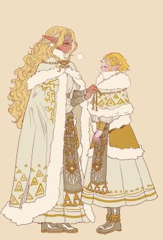 Rule 34 | 2girls, adjusting another's clothes, blonde hair, blush, boots, braid, circlet, cloak, closed eyes, crown braid, dark-skinned female, dark skin, dress, earrings, full body, fur-trimmed boots, fur-trimmed cloak, fur trim, green eyes, highres, jewelry, long dress, long hair, multiple girls, nintendo, own hands together, parted bangs, pointy ears, princess zelda, seusojeldaleul-wihaejug-eum, short hair, sidelocks, sonia (zelda), standing, the legend of zelda, the legend of zelda: tears of the kingdom, thick eyebrows, wavy hair, winter clothes