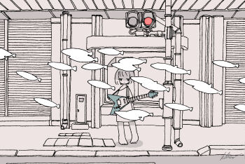 Rule 34 | 1girl, absurdres, barefoot, commentary, electric guitar, fish, greyscale, guitar, highres, instrument, kaduise, looking at viewer, monochrome, original, oversized clothes, oversized shirt, pedestrian lights, shirt, shopping district, short hair, signature, solo, spot color, standing, surreal