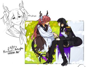 2girls aiguillette akemi_homura alternate_costume antlers ascot avanes_d black_ascot black_dress black_hair black_shoes black_sleeves black_thighhighs blush bow cape commentary deer_antlers deer_girl dress grass hair_bow high_heels holding_hands horns kaname_madoka lizard_tail long_hair long_sleeves looking_at_another mahou_shoujo_madoka_magica multiple_girls multiple_views pink_hair pouch purple_cape red_ribbon reptile_girl ribbon shirt shoes shoulder_pads sidelocks sitting sketch smile symbol-only_commentary tail tail_ornament tail_ribbon thigh_pouch thighhighs white_bow white_shirt white_sleeves yuri zettai_ryouiki