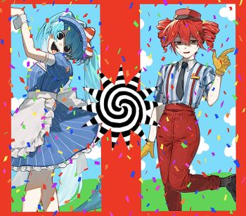 2girls apron aqua_hair black_eyes black_footwear blue_dress blue_shirt confetti cowboy_shot crazy distress_hand_signal dress drill_hair empty_eyes gloves hair_between_eyes hand_up hat hatsune_miku highres inuboe_npa kasane_teto leg_up long_hair looking_at_viewer mesmerizer_(vocaloid) multiple_girls name_tag nervous_smile nervous_sweating open_mouth pants pinstripe_dress pinstripe_hat pinstripe_pattern red_hair red_pants red_suspenders sharp_teeth shirt short_sleeves sidelocks smile striped_clothes striped_shirt sweat teeth tridecagram turn_pale twin_drills twintails utau visor_cap vocaloid waist_apron white_apron white_shirt yellow_gloves