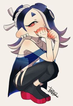 1girl black_pants black_socks blue_hair blue_shawl commentary_request earrings full_body hair_over_one_eye hairband isamu-ki_(yuuki) jewelry long_hair multiple_earrings nintendo octoling okobo pants platform_sandals red_eyes sandals shawl shiver_(deep_cut_outfit)_(splatoon) shiver_(splatoon) signature simple_background skindentation socks solo splatoon_(series) splatoon_3 squatting tabi tentacle_hair tooth_earrings torn_clothes torn_pants white_background white_hairband