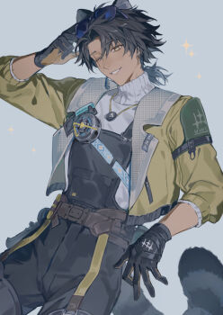Rule 34 | 1boy, alesh (arknights), animal ears, arknights, arknights: endfield, black overalls, chinese commentary, commentary request, earrings, fish earrings, highres, holding, holding removed eyewear, jacket, jewelry, male focus, multicolored eyes, overalls, raccoon boy, raccoon ears, raccoon tail, scar, scar across eye, scar on face, simple background, smile, sweater, tail, turtleneck, turtleneck sweater, two-sided gloves, two-tone eyes, unworn eyewear, white sweater, yellow eyes, yellow jacket, yingu494