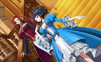 artist_request black_hair blue_dress blue_eyes blue_ribbon breasts carly_disel code_geass code_geass:_lost_stories dress game_cg highres large_breasts long_hair marianne_vi_britannia mole mole_under_mouth multicolored_dress multiple_girls non-web_source official_art purple_eyes red_dress red_hair ribbon smile