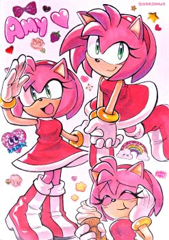 1girl :d absurdres amy_rose artist_name boots bracelet character_name closed_eyes closed_mouth commentary dress english_commentary eyelashes flower food furry furry_female gloves green_eyes hairband hand_on_own_face heart hedgehog_girl highres holding holding_food holding_ice_cream holding_ice_cream_cone ice_cream ice_cream_cone jewelry loli looking_at_viewer multiple_views open_mouth own_hands_clasped own_hands_together pink_fur pink_hair rainbow red_boots red_dress red_hairband rose short_hair siggiedraws sleeveless sleeveless_dress smile sonic_(series) star_(symbol) white_gloves