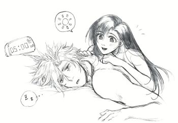 1boy 1girl alarm_clock black_hair blush clock cloud_strife commentary couple digital_clock english_commentary final_fantasy final_fantasy_vii final_fantasy_vii:_advent_children girl_on_top greyscale hetero leaning_on_person linono long_hair lying monochrome morning notice_lines on_stomach open_mouth parted_lips short_hair simple_background sleepy speech_bubble spiked_hair spoken_zzz sun thought_bubble tifa_lockhart traditional_media upper_body waking_another white_background zzz