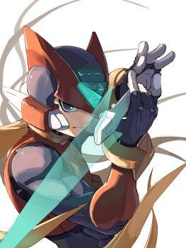 Rule 34 | 1boy, absurdres, armor, blonde hair, energy sword, forehead jewel, helmet, highres, holding, holding sword, holding weapon, male focus, mega man (series), mega man zero (series), omochi (mochi skymega), red armor, red helmet, simple background, solo, sword, upper body, weapon, white background, z saber, zero(z) (mega man), zero (mega man)