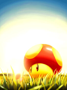 Rule 34 | absurdres, blue sky, commentary request, day, grass, highres, maribou (supermaribou), mario (series), nintendo, no humans, outdoors, sky, super mushroom