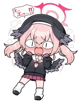 Rule 34 | <|> <|>, 1girl, beret, black choker, black hat, black shirt, black shoes, black wings, blue archive, blush, chibi, chibi only, choker, collarbone, commentary, embarrassed, feathered wings, full body, furrowed brow, hair between eyes, halo, hands up, hat, head wings, highres, kneehighs, koharu (blue archive), long hair, loose socks, low wings, miniskirt, motion lines, neckerchief, nose blush, open mouth, pink halo, pink neckerchief, pink skirt, pleated skirt, puff of air, sailor collar, school uniform, serafuku, shirt, shoes, simple background, skirt, sleeves past wrists, socks, solo, speech bubble, standing, suwa yasai, sweat, translated, twintails, wavy mouth, white background, white sailor collar, white socks, wide-eyed, wings