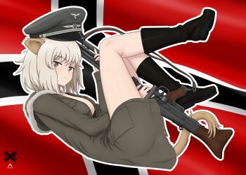 1girl absurdres acrux animal_ears black_boots boots breasts cat_ears cat_girl cat_tail closed_mouth coat commentary english_commentary fur_trim grey_eyes grey_hair hat highres holding holding_weapon huberta_von_bonin large_breasts looking_at_viewer military military_uniform no_pants peaked_cap short_hair solo tail thighs weapon world_witches_series
