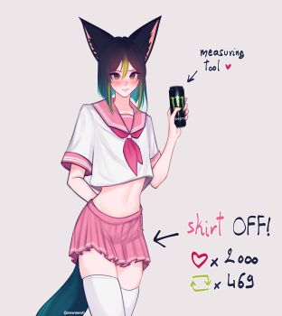 Rule 34 | 1boy, absurdres, alternate costume, androgynous, animal ear fluff, animal ears, astolfo (fate), astolfo (sailor paladin) (fate), astolfo (sailor paladin) (fate) (cosplay), astolfo monster cosplay (meme), black hair, blush, bob cut, can, closed mouth, commentary, cosplay, cowboy shot, crop top, drink, english commentary, english text, fox boy, fox ears, fox tail, genshin impact, green eyes, green hair, highres, holding, holding can, holding drink, inverted bob, male focus, meme, mewmewti, monster energy, multicolored hair, navel, neckerchief, pink neckerchief, pink serafuku, pink skirt, school uniform, serafuku, short hair, simple background, sitting, skirt, solo, streaked hair, tail, thighhighs, tighnari (genshin impact), twitter strip game, twitter username, white background, zettai ryouiki