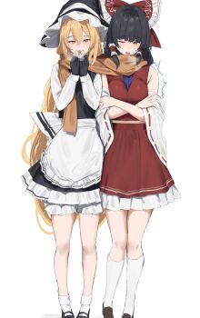 258n 2girls apron armpit_crease ascot black_gloves black_hair black_hat black_shoes black_skirt black_vest blonde_hair bloomers blue_ascot bow breasts breath crossed_arms detached_sleeves fingerless_gloves full_body gloves hair_between_eyes hakurei_reimu hat highres kirisame_marisa kneehighs long_hair long_sleeves medium_breasts multiple_girls open_mouth orange_scarf red_bow red_eyes red_ribbon red_shirt red_skirt ribbon ribbon-trimmed_sleeves ribbon_trim scarf shared_clothes shared_scarf shirt shoes simple_background skirt sleeveless sleeveless_shirt socks standing touhou trembling underwear very_long_hair vest waist_apron warming_hands white_apron white_background white_bloomers white_shirt white_socks wide_sleeves witch_hat yellow_eyes