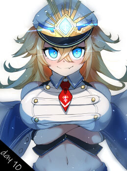 Rule 34 | 1girl, ankodaihuku, arm under breasts, blonde hair, blue eyes, blush, breasts, closed mouth, commentary request, fang, grayside (phantom of the kill), hat, highres, large breasts, medium hair, military hat, military uniform, navel, phantom of the kill, shirt, skin fang, smile, solo, white hat, white shirt