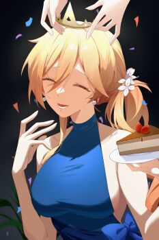 1girl 1other absurdres birthday black_background blonde_hair blue_dress breasts cake chinese_commentary commentary_request confetti crown dress durandal_(honkai_impact) food highres holding holding_plate honkai_(series) honkai_impact_3rd large_breasts long_hair plate sideboob smile upper_body youmiao_oxo