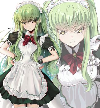 1girl absurdres alternate_costume apron bow breasts brooch budgiepon c.c. code_geass different_zoom_layer frilled_apron frills green_hair hands_on_own_hips highres jewelry long_hair looking_at_viewer maid maid_apron maid_headdress medium_breasts open_mouth puffy_short_sleeves puffy_sleeves red_bow short_sleeves simple_background smile solo thighhighs twintails wavy_hair white_apron wrist_cuffs yellow_eyes