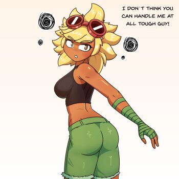 Rule 34 | 1girl, absurdres, annoyed, ass, back, bandaged hand, bandages, blonde hair, breasts, bruhmynameisdylan, cowboy shot, english text, gloves, goggles, goggles on head, green gloves, green shorts, highres, looking at viewer, looking back, medium breasts, midriff, plants vs. zombies, plants vs. zombies heroes, shorts, solar flare (plants vs. zombies), solar flare (plants vs. zombies) (peargor), squiggle, tank top, tomboy, yellow eyes