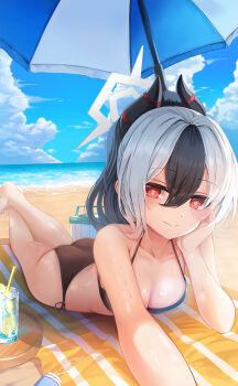 1girl absurdres armpit_crease beach bikini black_bikini blue_archive blue_sky blush breasts cleavage collarbone drinking_straw feet_out_of_frame glass grey_halo halo hand_on_own_cheek hand_on_own_face highres horns kayoko_(blue_archive) leehong_studio lying medium_breasts mole mole_on_neck multicolored_hair on_stomach parasol reaching reaching_towards_viewer red_eyes side-tie_bikini_bottom sky smile straight_hair sweat swimsuit two-tone_hair umbrella