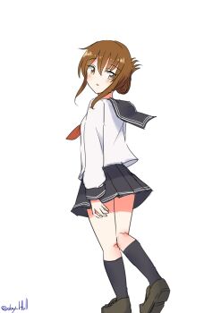 1girl absurdres black_sailor_collar black_shorts black_skirt brown_eyes brown_hair folded_ponytail from_behind full_body highres inazuma_(kancolle) kantai_collection long_hair long_sleeves looking_at_viewer looking_back neckerchief one-hour_drawing_challenge pleated_skirt red_neckerchief robinson_(day_l_full) sailor_collar school_uniform serafuku shirt shorts simple_background skirt solo white_background white_shirt