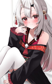 Rule 34 | 1girl, absurdres, bell, black kimono, closed mouth, commentary request, gradient hair, hair bell, hair ornament, highres, hololive, horns, japanese clothes, jingle bell, kimono, long hair, looking at viewer, multicolored hair, nakiri ayame, nakiri ayame (1st costume), nekoshima kaede, oni, red hair, red kimono, red streaks, skin-covered horns, smile, solo, streaked hair, thighhighs, very long hair, virtual youtuber, white background, white thighhighs