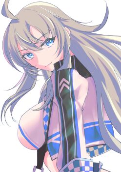 1girl ahoge breasts cropped_jacket grey_eyes grey_hair highres jacket kantai_collection large_breasts long_hair looking_at_viewer official_alternate_costume one-hour_drawing_challenge race_queen simple_background solo tsukasa_(tukasa_br) upper_body washington_(kancolle) washington_(race_queen)_(kancolle) white_background white_jacket