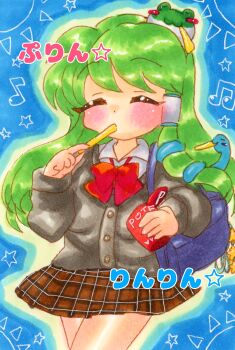 Rule 34 | 1girl, alternate costume, artist name, blue background, blush, bow, bowtie, brown skirt, cardigan, closed eyes, commentary request, cowboy shot, eating, food, frog, green hair, grey cardigan, highres, holding, holding food, kochiya sanae, long hair, long sleeves, marker (medium), miniskirt, plaid clothes, plaid skirt, purinrinrin, red bow, red bowtie, skirt, snake, solo, standing, touhou, traditional media