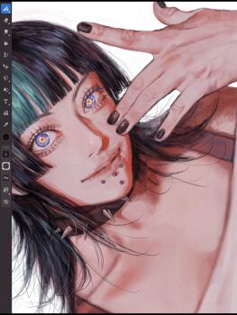 Rule 34 | 1other, absurdres, androgynous, black hair, black nails, bra strap, chin piercing, choker, collar, collarbone, commentary request, eyelashes, face piercing, green streaks, highres, hoshi kirara, jewelry, jujutsu kaisen, labret piercing, lip piercing, looking at viewer, medium hair, mouth piercing, multicolored hair, nail polish, oct 61396020, other focus, piercing, purple eyes, simple background, smile, solo, spiked choker, spiked collar, spikes, star-shaped pupils, star (symbol), streaked hair, symbol-shaped pupils, white background, wolf cut