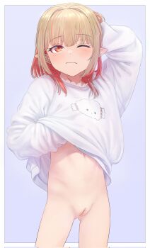 1girl blush border bottomless cleft_of_venus clothes_lift cowboy_shot female_focus flat_chest gluteal_fold grey_background grey_hair hair_intakes highres hip_bones lifting_own_clothes loli looking_at_viewer makaino_ririmu medium_hair multicolored_hair navel nijisanji no_panties nude_filter one_eye_closed pink_hair pointy_ears pussy red_eyes sabamen simple_background solo streaked_hair sweater sweater_lift tagme third-party_edit two-tone_hair uncensored upper_body virtual_youtuber wavy_mouth white_border white_sweater