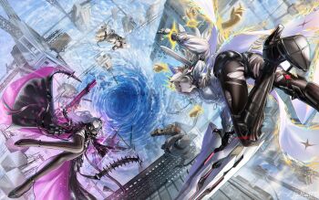 4girls absurdres ass black_pantyhose black_shorts chime_(nikke) crown_(nikke) goddess_of_victory:_nikke highres kilo_(nikke) modernia_(nikke) modernia_(second_affection)_(nikke) multiple_girls official_alternate_costume pantyhose portal_(object) ronal_1710 shorts thighs torn_clothes torn_pantyhose white_knight_(nikke)