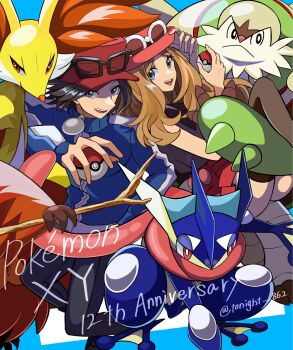 1boy 1girl 3others animal_ear_fluff animal_ears animal_nose black_hair blonde_hair blue_eyes blue_jacket body_fur breasts calem_(pokemon) chesnaught closed_mouth delphox eyewear_on_headwear fox_ears furry gen_6_pokemon greninja grey_eyes grin hat highres holding holding_poke_ball holding_stick jacket long_hair long_sleeves long_tongue looking_at_viewer multicolored_fur multiple_others nintendo open_mouth pants poke_ball poke_ball_(basic) pokemon pokemon_(creature) pokemon_xy rain_(tonight_862) red_eyes red_fur red_hat red_skirt serena_(pokemon) shirt short_hair skirt sleeveless sleeveless_shirt smile snout starter_pokemon_trio stick sunglasses tongue tongue_scarf very_long_tongue webbed_feet white-framed_eyewear white_fur yellow_fur