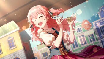 1girl :d ^_^ blurry blush bokeh closed_eyes colorful_palette depth_of_field detached_sleeves dress dutch_angle fang frilled_dress frilled_sleeves frills game_cg grey_ribbon hair_ribbon highres long_hair momoi_airi musical_note official_art omoi_wo_nosete!_dream_stage_(project_sekai) open_mouth pink_hair project_sekai puffy_short_sleeves puffy_sleeves ribbon short_sleeves smile solo third-party_source tongue two_side_up