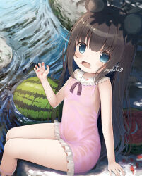 1girl ahoge animal_ears arm_support artist_name bare_arms bare_legs bear_ears blue_eyes blush borrowed_character brown_hair commission dress fang feet_out_of_frame food frilled_dress frills fruit hair_between_eyes hand_up koguma_yuno long_hair looking_at_viewer open_mouth original outdoors pink_dress psyche3313 river sitting skeb_commission sleeveless sleeveless_dress solo stone sundress thighs water watermelon wet wet_clothes