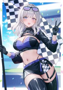 1girl belt black-framed_eyewear black_gloves black_shrug black_skirt black_thighhighs blue_eyes blunt_bangs blush breasts checkered_flag cleavage commentary_request commission confetti crop_top eyewear_on_head flag gloves hand_up heterochromia highres holding holding_flag inset_border large_breasts long_hair long_sleeves looking_at_viewer miniskirt mocchiri290 navel o-ring open_mouth original panty_straps purple-tinted_eyewear purple_belt purple_eyes race_flag race_queen shrug_(clothing) skeb_commission skirt smile solo thigh_strap thighhighs thighs tinted_eyewear v very_long_hair white_hair