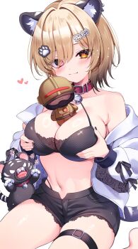 1girl :3 animal_ears armpit_crease bare_shoulders bell belt between_breasts bikini black_bikini black_shorts breasts brown_hair character_doll cleavage closed_mouth collar collarbone commentary_request commission doll eneru_(enepuni) gradient_hair hair_ornament hairclip heart heart-shaped_pupils heterochromia highleg highres indie_virtual_youtuber jacket jingle_bell kozima_mera lace-trimmed_shorts lace_trim large_breasts long_sleeves looking_at_viewer medium_hair multicolored_hair navel no_shirt object_on_breast off_shoulder open_clothes open_jacket panty_straps purple_eyes red_collar second-party_source short_shorts shorts skeb_commission skindentation smile solo stomach string_bikini swimsuit symbol-shaped_pupils tail thigh_belt thigh_strap thighs virtual_youtuber white_jacket yellow_eyes