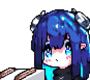 1girl animated animated_gif blue_eyes blue_hair blush closed_mouth downvote_(downvote_me) eating explosion medium_hair original pixel_art pointy_ears solo toaster white_background you're_doing_it_wrong