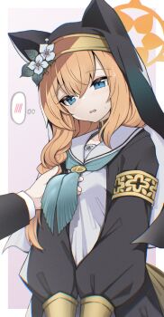 Rule 34 | 1boy, 1girl, animal ear headwear, animal ears, animal hood, armband, black veil, blue archive, blue eyes, blush, cat ears, cat girl, check commentary, choker, coif, commentary, commentary request, fake animal ears, flower, hair between eyes, hair flower, hair ornament, halo, hat, hat flower, highres, hood, izuoku, long hair, long sleeves, mari (blue archive), nun, open mouth, orange hair, sensei (blue archive), solo focus, spoken blush, veil, white flower, yellow halo