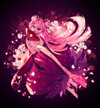 1girl :d bare_arms bare_shoulders barefoot black_background black_tiara buchu14569590 cherry_blossom_cookie cherry_blossom_cookie_(red_equinox) collarbone commentary cookie_run cookie_run:_ovenbreak crossed_arms double_bun falling_petals floating floating_hair floral_background flower from_above full_body hair_bun hand_fan hand_up highres holding holding_fan humanization long_hair long_skirt official_alternate_costume official_alternate_hairstyle open_mouth petals pink_eyes pink_flower pink_hair pink_skirt shirt simple_background skirt smile soles solo spider_lily strapless strapless_shirt symbol-only_commentary tassel tiara toes tsurime very_long_hair white_flower white_petals white_shirt