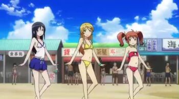 3girls animated aragaki_ayase ass ass_focus audible_music audible_speech autumn_leaves bare_shoulders bikini black_hair blonde_hair blue_bow blue_bowtie blue_skirt blush bow bowtie braid breasts camisole cleavage collarbone dancing dot_nose female_focus flat_chest full_body green_eyes hand_on_own_hip japanese_audio jumping kousaka_kirino kurusu_kanako leaf legs loli long_hair long_sleeves looking_at_viewer miniskirt multiple_girls navel open_mouth ore_no_imouto_ga_konna_ni_kawaii_wake_ga_nai pleated_skirt red_bikini red_eyes red_hair sex_toy sexually_suggestive side-tie_bikini_bottom skirt sleeveless small_breasts sound stomach swimsuit swimsuit_skirt tagme thighs twin_braids video white_bikini white_camisole yellow_bikini