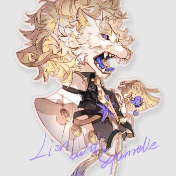 1boy animal animalization black_shirt character_name clothed_animal colored_sclera colored_tongue epaulettes fangs from_side furry grey_background lion liulianjingrua male_focus no_humans open_mouth original ribbon shirt simple_background solo teeth tongue tongue_out upper_body