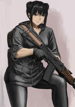 Rule 34 | 1girl, aks-74u, assault rifle, backpack, bag, black gloves, black hair, black hoodie, brown eyes, commentary request, double bun, gloves, grey background, gun, hair between eyes, hair bun, highres, holding, holding weapon, hood, hood down, hoodie, kalashnikov rifle, original, rifle, short hair, sidelocks, simple background, solo, tyokugekidato, upper body, weapon