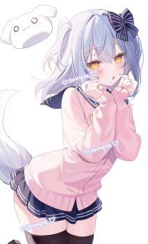 Rule 34 | 1boy, black thighhighs, blue hair, cardigan, commentary request, commission, cowboy shot, crossdressing, crossdressing (mtf), dog tail, hakua aa, highres, inuyama tamaki, inuyama tamaki (1st costume), looking at viewer, male focus, miniskirt, noripro, pink cardigan, pleated skirt, sample watermark, school uniform, serafuku, short hair, simple background, skeb commission, skindentation, skirt, solo, tail, thighhighs, trap, two side up, virtual youtuber, watermark, white background, yellow eyes, zettai ryouiki